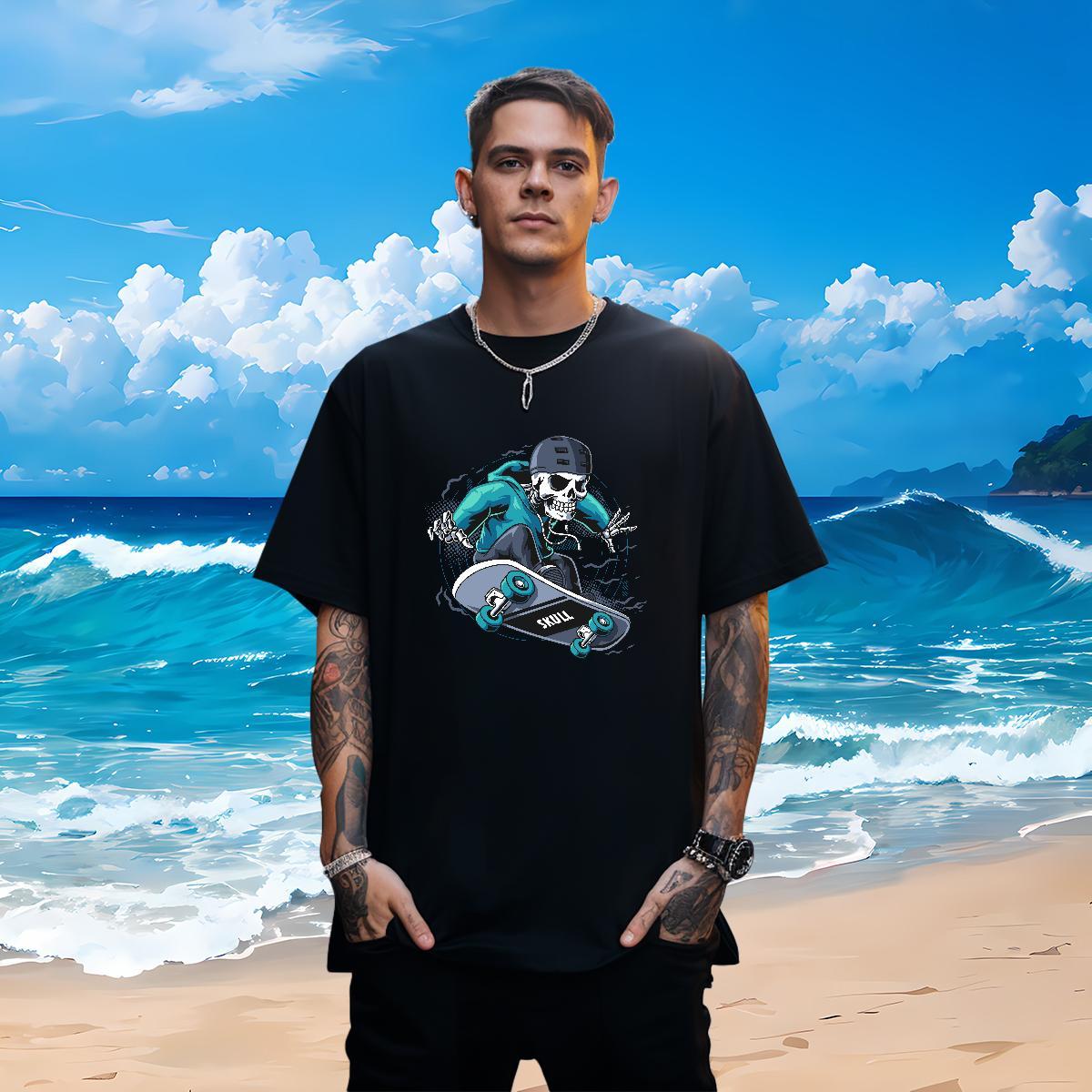 Cool Men T Shirts 230g Cotton skull Hip Hop Street Floral Print Breathable Crew Neck Men Tshirts Brand Polos