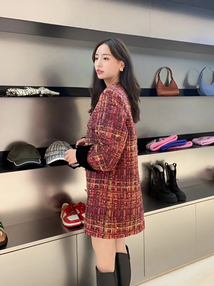 Office Ladies Tweed Dress Loose Fit Straight Long Sleeve Double Breasted O-Neck Spring Women Short Dresses Vintage Plaid Dress 240824