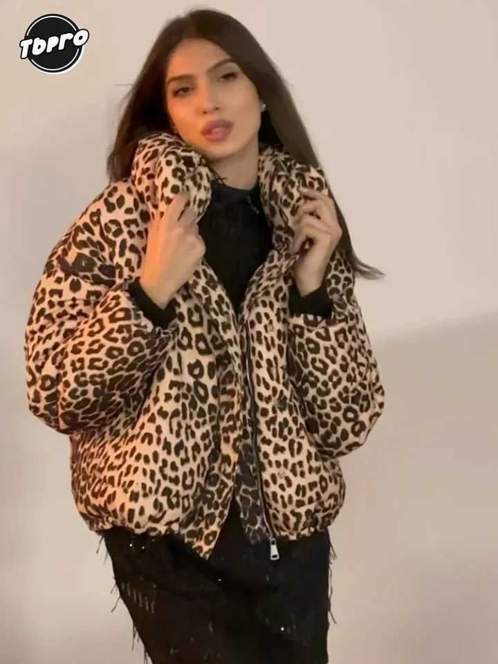 Women's Down Parkas Fashion leopard print crop cotton jacket womens stand up collar long Slve zipper paddle coat 2024 winter Y2k casual high T-sh