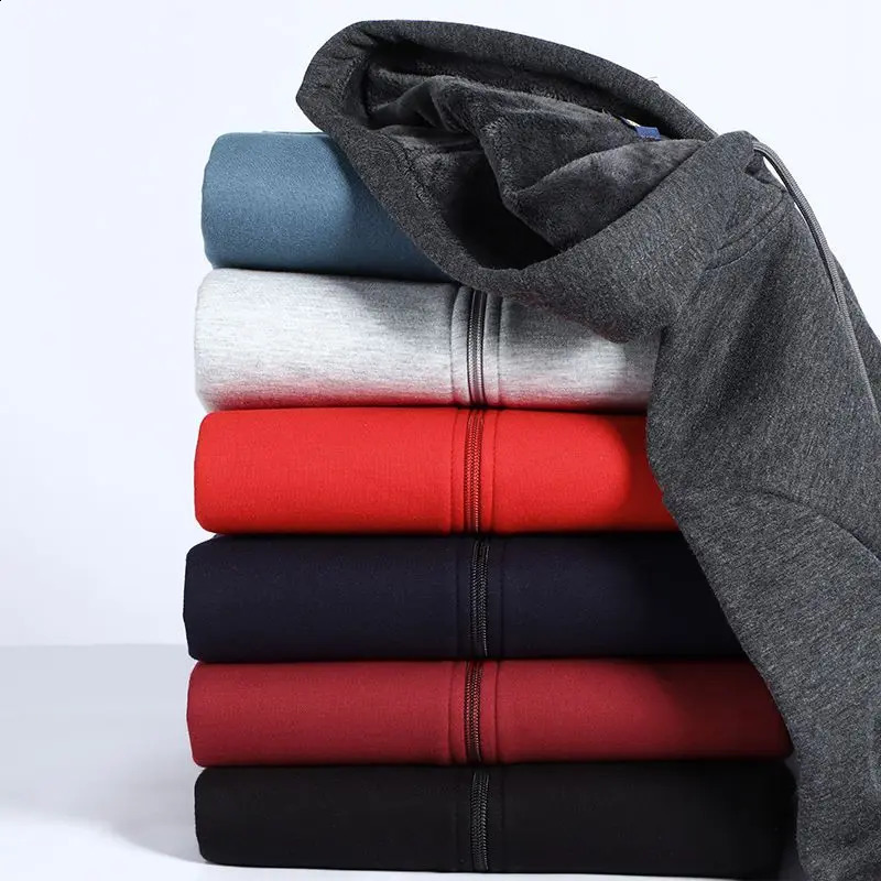 mens sweater autumn and winter wool thick hoodie solid color casual sports zipper cardigan 240823