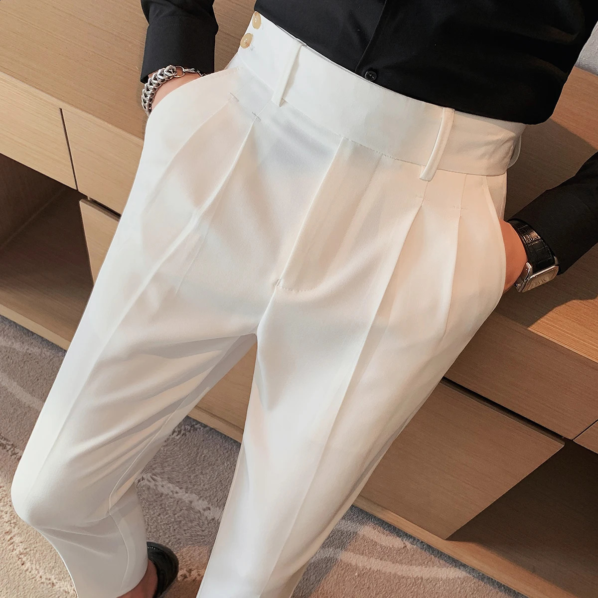 British Style Twill Pleat Naples High Waist Casual Trousers Fashion Man Slim Simple Social Party Suit Pant Plus Size 38 240820