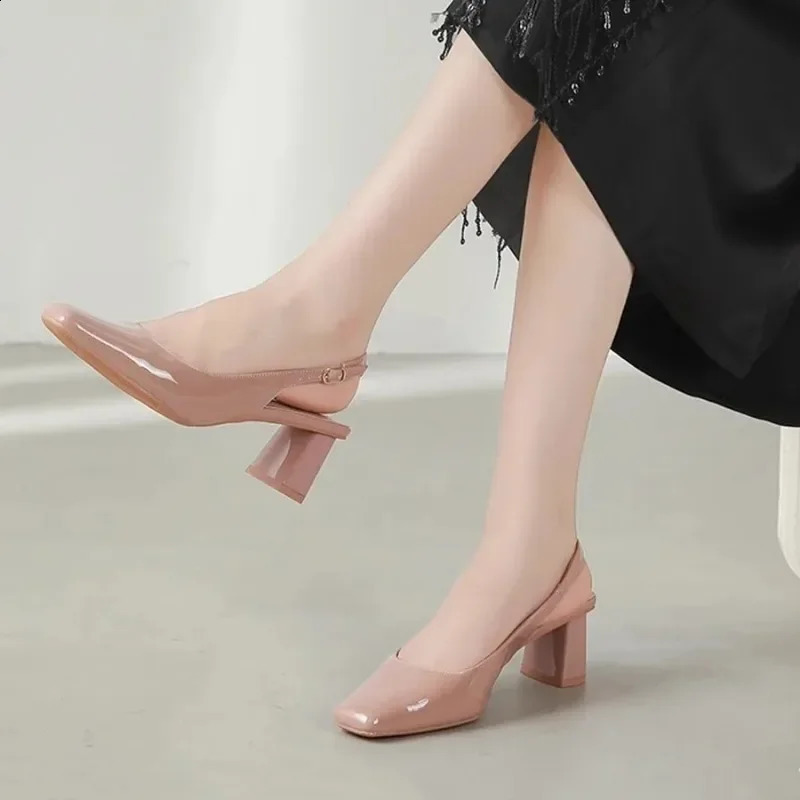 Nude sandals womens patent thick leather heel toe 2024 spring/summer item small square toe rhinestone French single shoe 240823