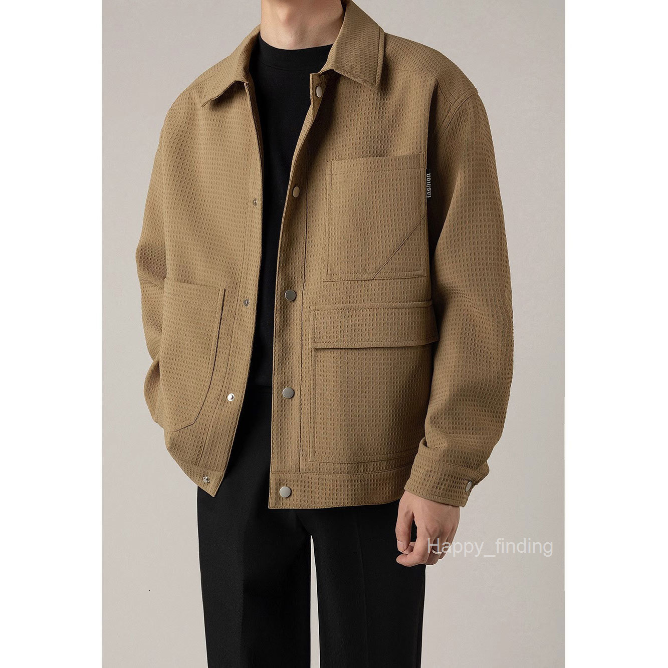 Spring and Autumn New Waffle Workwear Jacket Mens Korean Version Light Mature Style Mens Loose and High-end Casual Jacket
