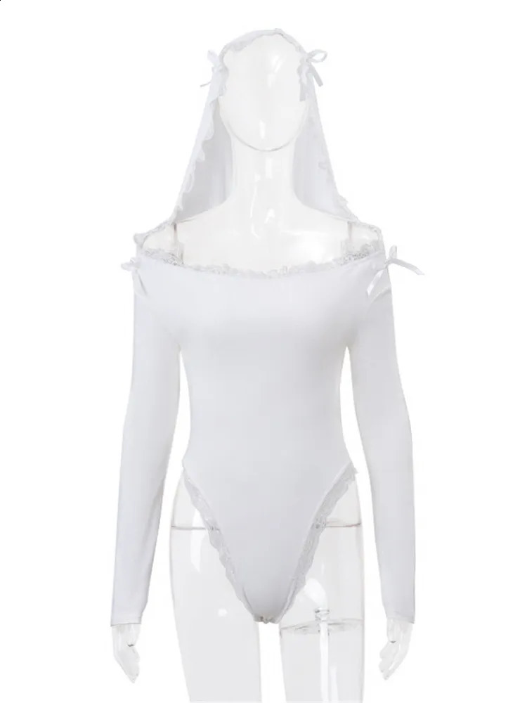 Shestyle White Hooded Slash Neck Bodysuit Women Solid Lace Bow Holy Top Off Shoulder Lingerie Night Club Fantasy Spring 240824