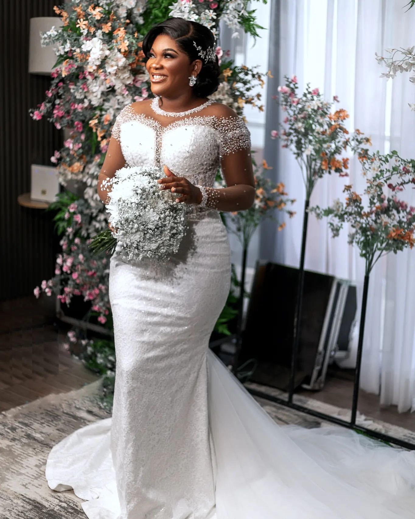 African Aso Ebi 2024 Luxurious Off White Mermaid Wedding Dress Beaded Lace Full Sleeves Vintage Elegant Bridal Gowns Dresses ZJ222