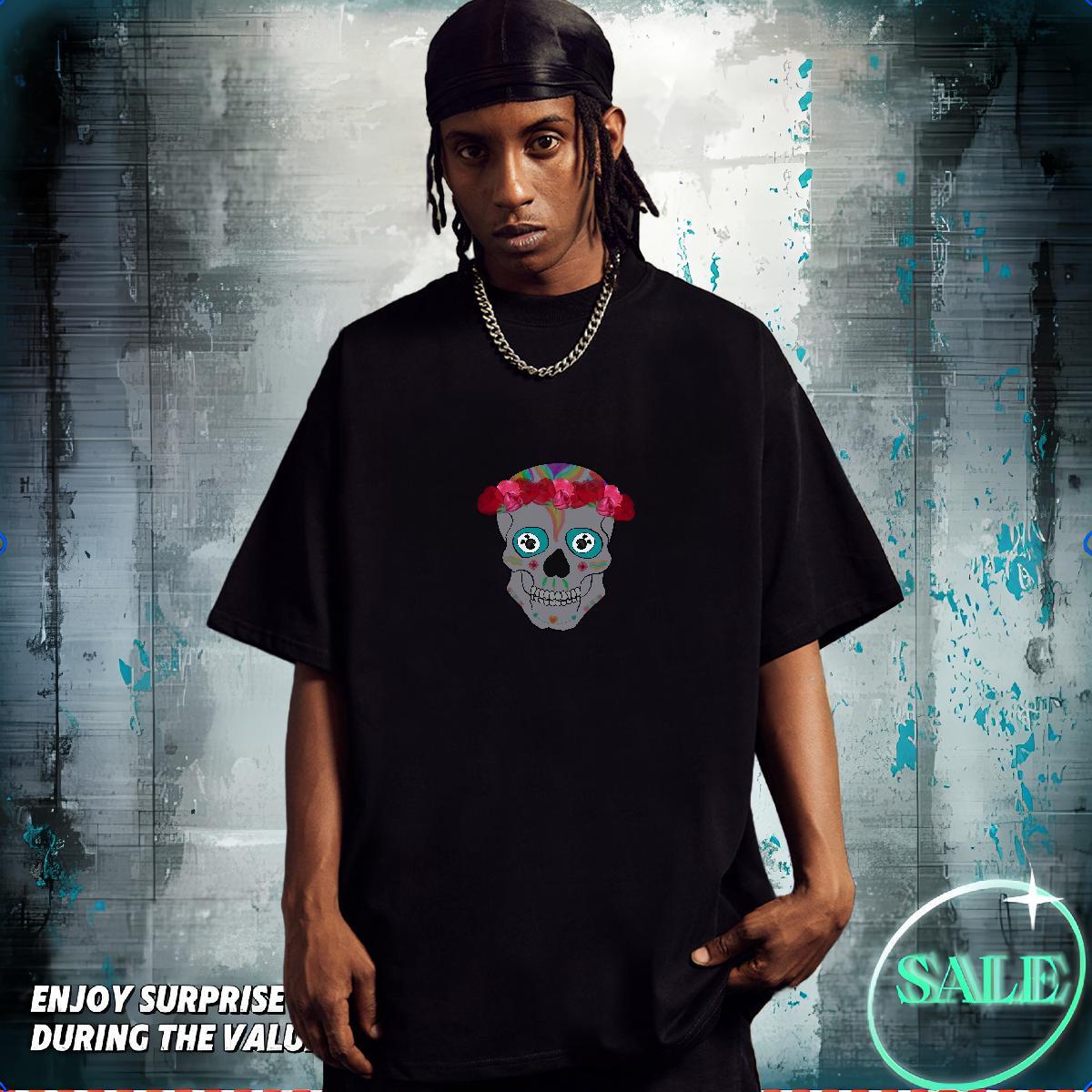 Cool T-Shirts for Men 230g 100% Cotton skull Street Floral Print Breathable Soft Tshirt for Man Woman Casual New Clothes