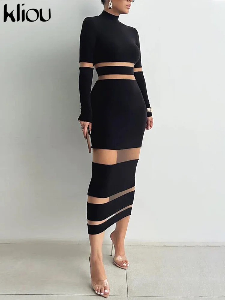 kliou Autumn Women Mesh Patchwork Maxi Dress Elegant Sexy See Through Long Sleeve O-neck Robe Party Female Trend Party Vestidos 240823