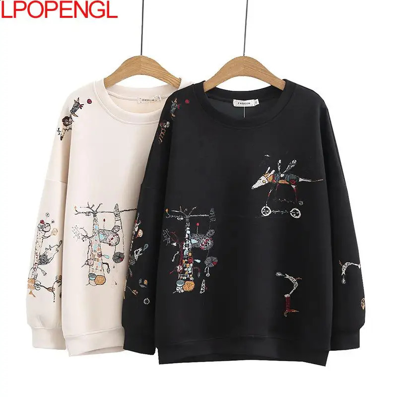 Harajuku Sweatshirt Women Autumn Winter Fashion Casual Stitch-embroidered Long-sleeved O- Neck Breathable Hoodie Top 240824