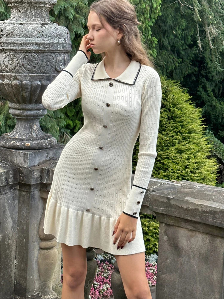 Fantoye Knitted Turn-down Collar Button Women Dress White Long Sleeve High Waist Dress Female Autumn Slim Casual Party Clubwear 240824