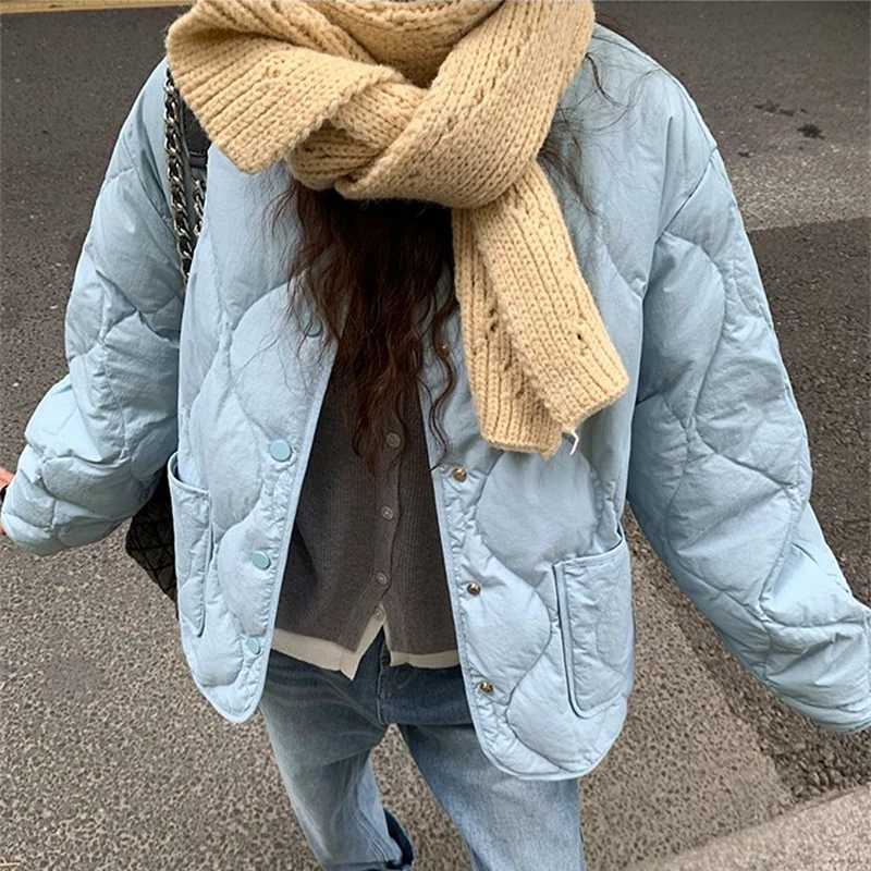 Women's Down Parkas Sky Blue Quilted Padded Cotton Parkas Coat Autumn Winter Solid Jacket Loose Casual dents Swt Girls Outerwear Korean Fashion Y