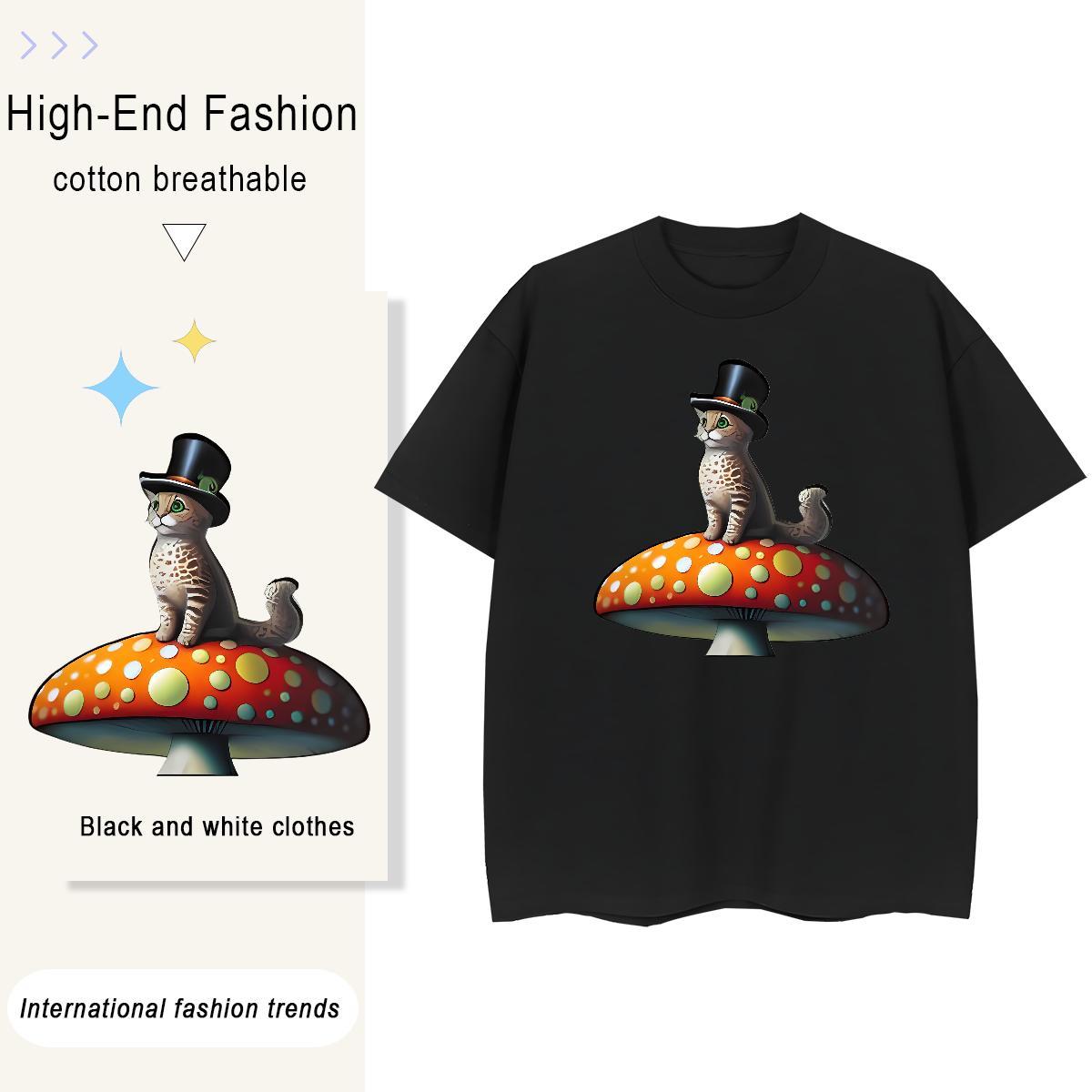 Classic Casual Mens Tshirts cat Summer Casual 230g 100% Cotton Top Tees Crew Neck Cool Design T shirt DIY Anime