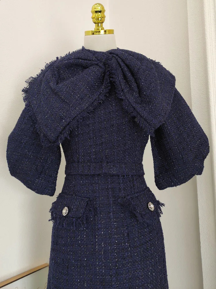 IEQJ Bownot Tassel Spliced Puff Sleeve Tweed Dresses For Women Vintage Elegant High Waist Slim Dress Clothing 3WQ7259 240824