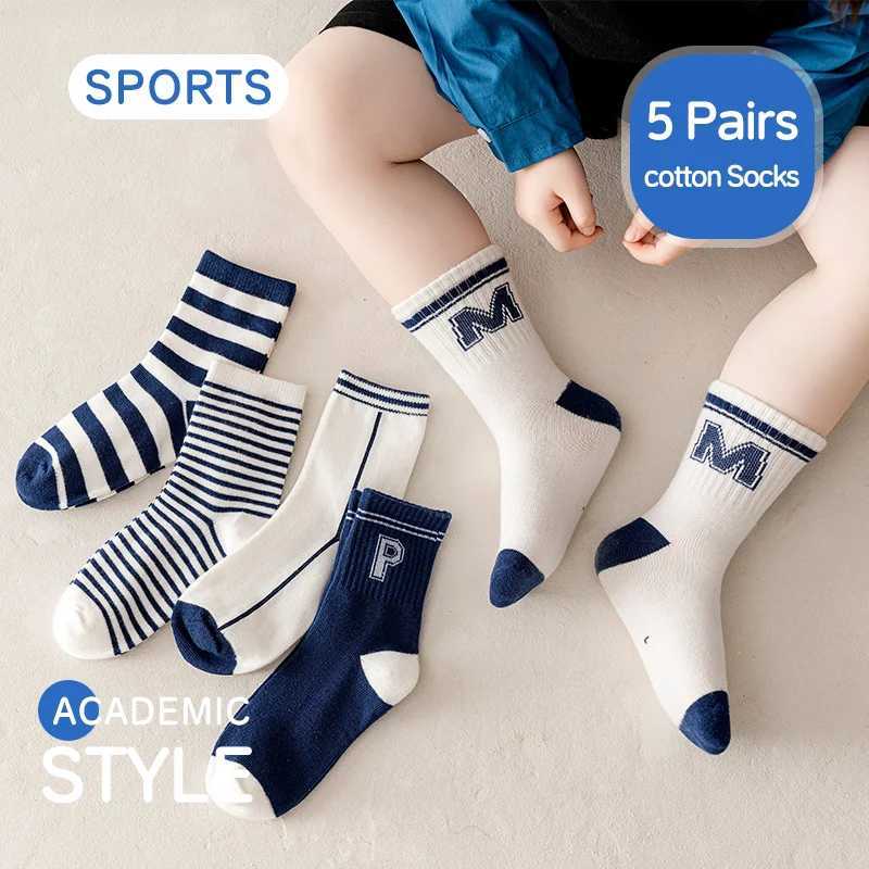 5 Pairs Kids Socks Spring Autumn Newborn Baby Boy Cotton Socks College Style Fadeless Soft Childrens Sports Socks 0-14Years CL240824