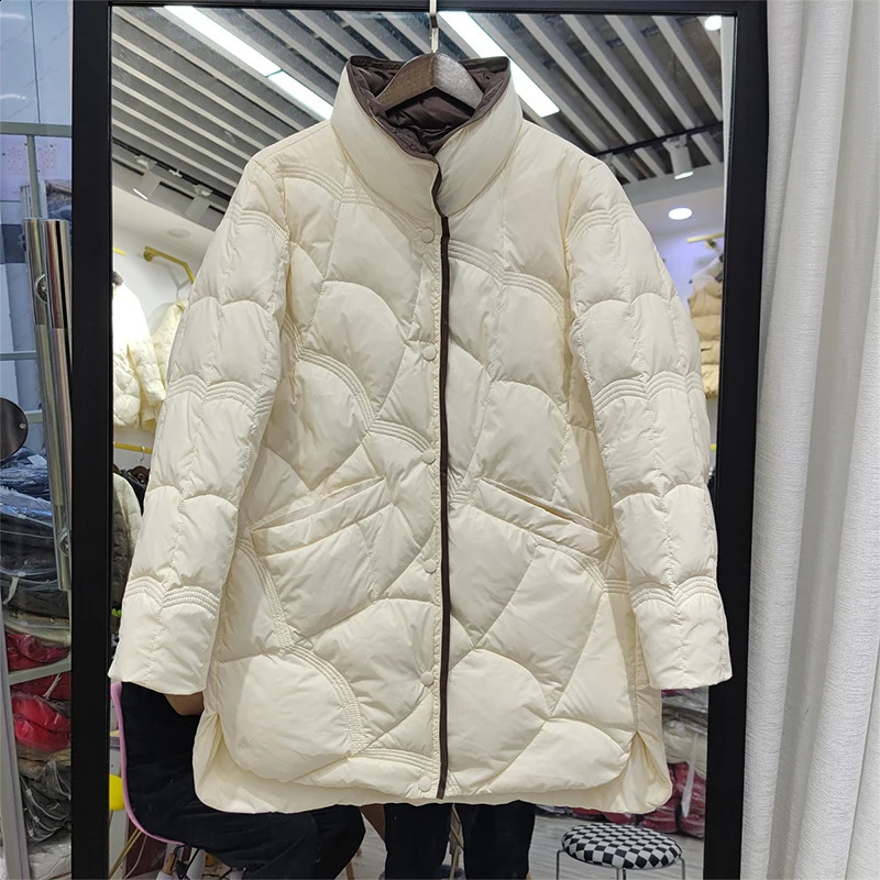 Lagabogy Medium length Inflatable Jacket Winter Womens Simple White Duck Down Stand up Collar Parka Single Chest 240823