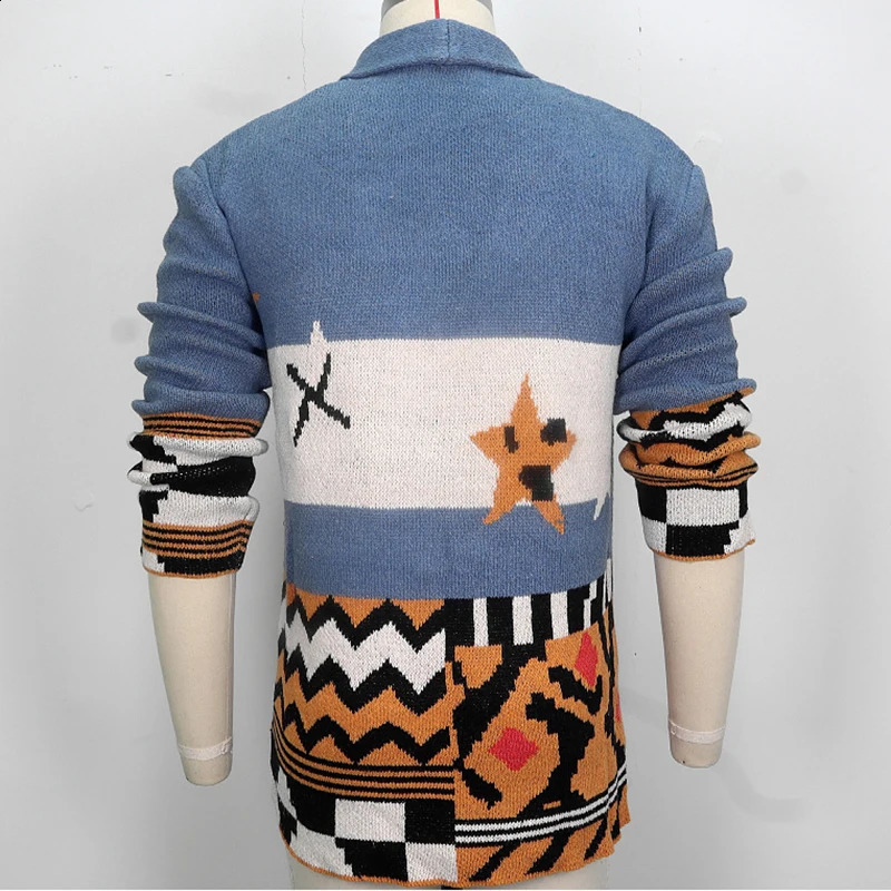 Mens casual sweater jacket autumn and winter jacquard knitted collar medium to long cardigan 240824