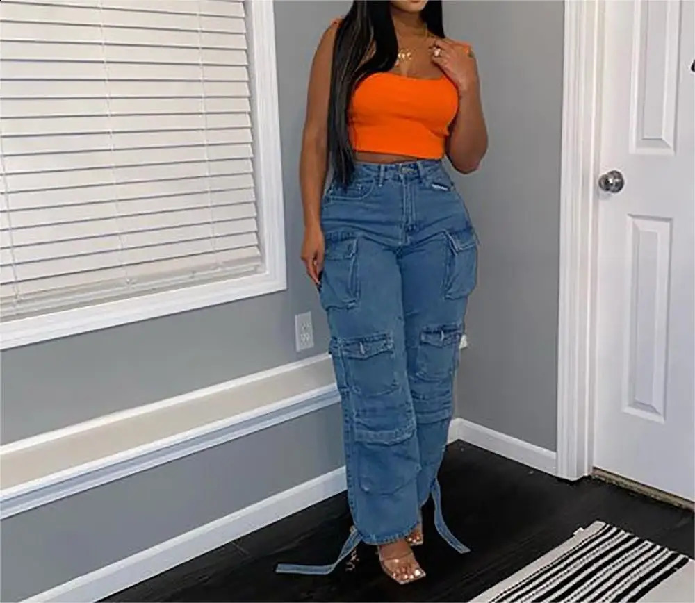 Womens denim jeans washing patch work cargo pants pocket mid waist zipper flight winter light stretch high street loose 240823