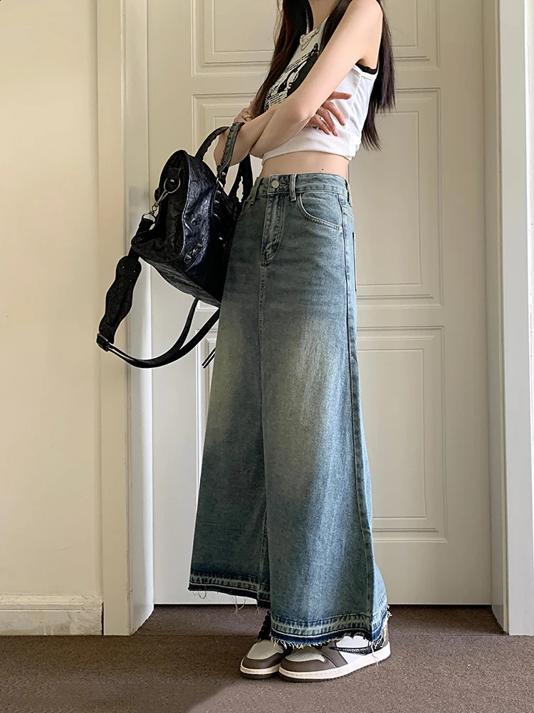 REDDACHiC Y2k Raw Edge Stitch Maxi Denim Skirt Plain Casual High Waist Long Jeans Skirt Korean Dongdaemun Retro Women Streetwear 240823