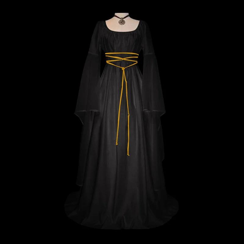 Medieval Retro Gothic Womens Long Dress Black Halloween Carnival Role Playing Costume w240824