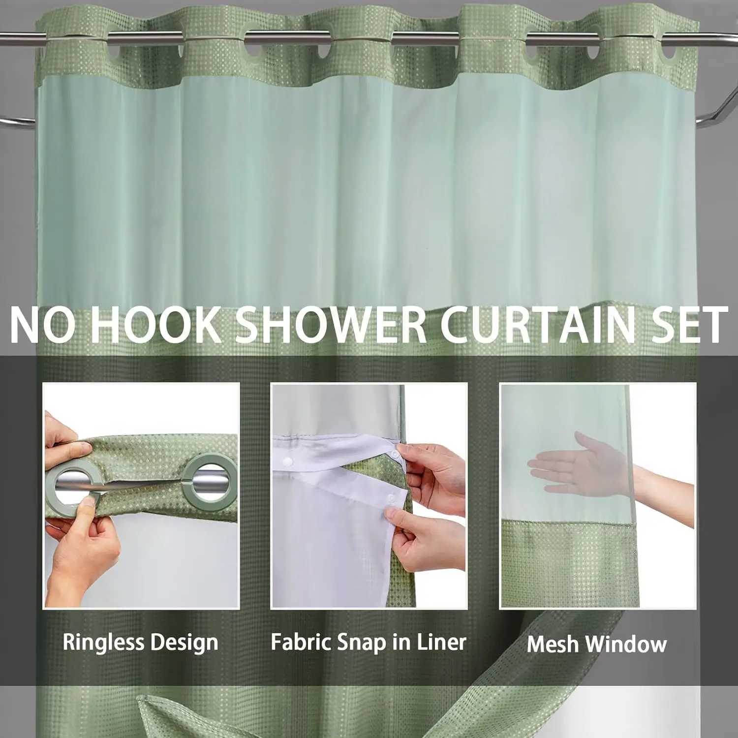 1PC Waffle Hookless Shower Curtain Double Waterproof Snap Lined Removable Interior Bathroom Divider Home Dcor M240824