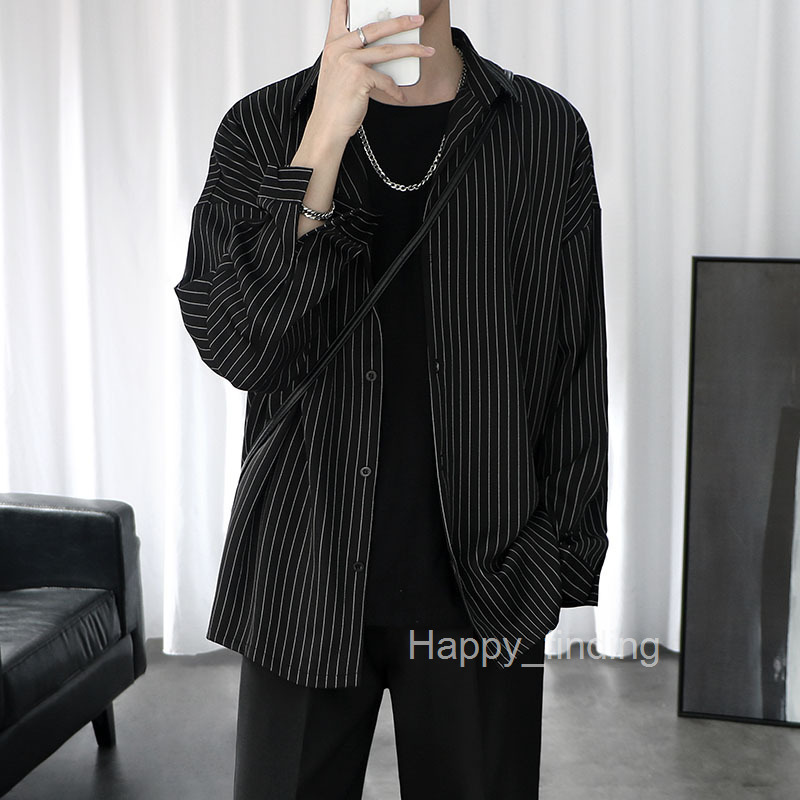 Striped Long Sleeved Shirt Jacket for Men in Spring and Autumn Trendy Styleins Casual Clothes Korean Version Trendy Mens Black Shirt