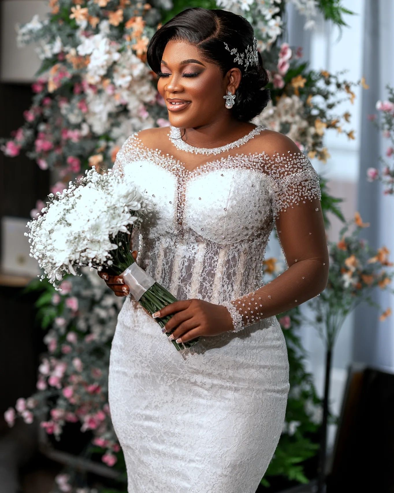 African Aso Ebi 2024 Luxurious Off White Mermaid Wedding Dress Beaded Lace Full Sleeves Vintage Elegant Bridal Gowns Dresses ZJ222