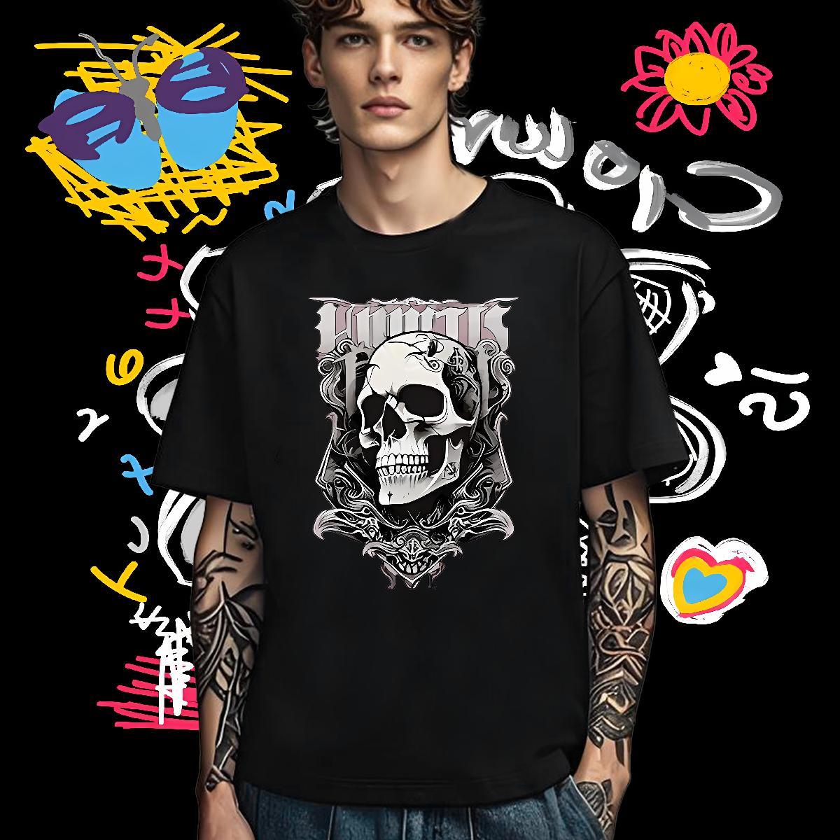 Unisex Mens T Shirts 100% Cotton 230g skull Spring Summer Custom Cartoon Crew Neck Mens Tshirts DIY Customized Wear