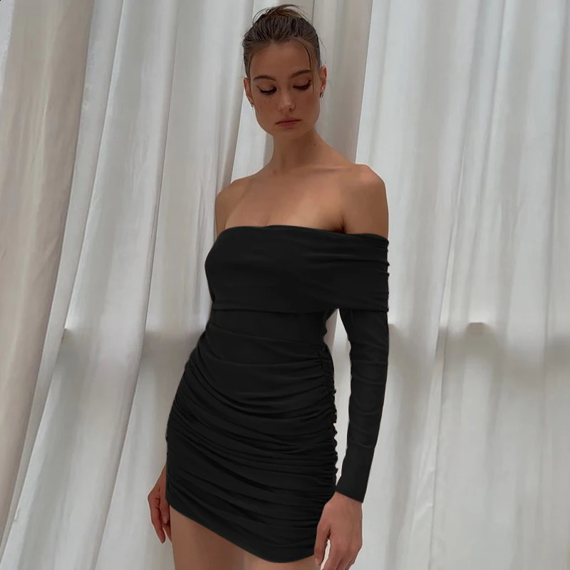 Womens Elegant Short Dresses Temperament Sexy Short One-shoulder Mesh Long Sleeve Shrinking Pleated Dresses for Women 240823