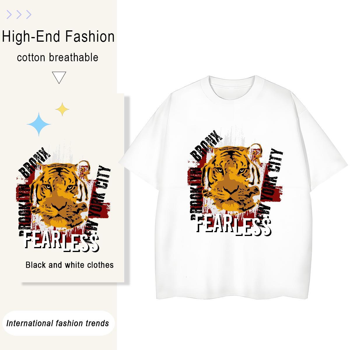 Customized Tshirts tiger Spring Summer 230g Cotton Tops Shirt Breathable Loose Fit T-Shirts for Men Floral Print