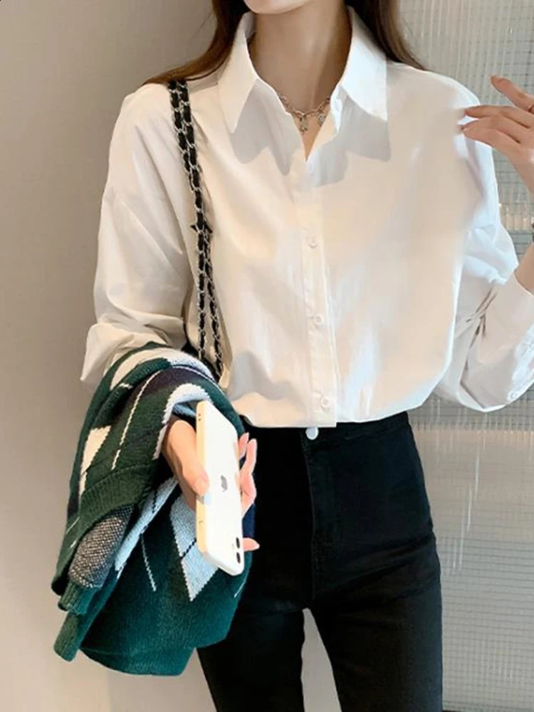 OIINAA Basic Shirts for Women Tops Long Sleeve Turn-Down Collar Spring Summer Office Lady Fashion Loose Buttons White Blouses 240823