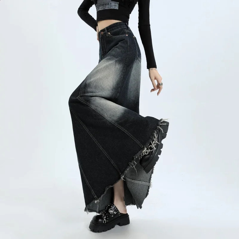 Women Denim Skirt Y2k Emo 2000s Clothes Long Skirt Harajuku Korean 90s Fashion Vintage Gradient A-line Jean Skirt Grunge Clothes 240823