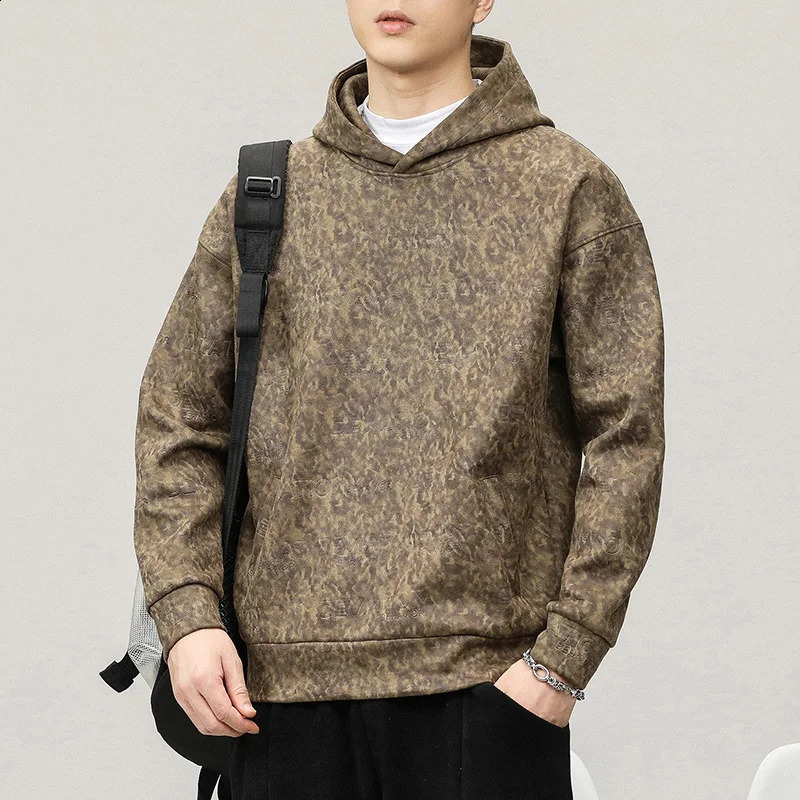 Suede sweater mens fashion street American loose plus size autumn and winter long sleeved hooded 240823