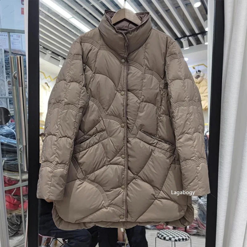 Lagabogy Medium length Inflatable Jacket Winter Womens Simple White Duck Down Stand up Collar Parka Single Chest 240823