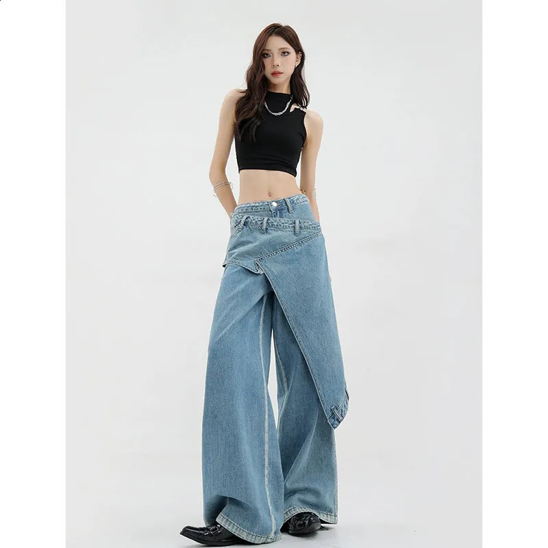 Womens blue Y2k low rise patch work denim bag Harajuku Trouser jeans retro 90s aesthetics 2000s clothing 240823