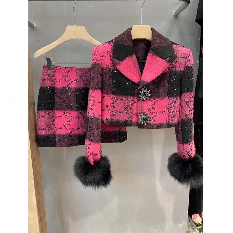 Plaid short woolen coat for women autumn fashion skirt two-piece set 240823