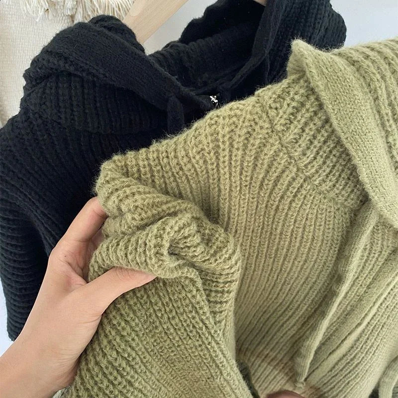 Japanese Retro Hooded Knitted Cardigan Female Autumn Winter Zipper Pockets Sweater Coat Women Casual Loose Solid Knitwear Woman 240824