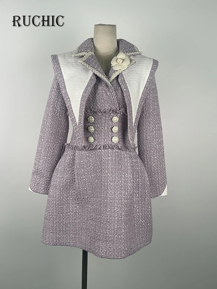 Womens Fashion Dress Shawl Notched Collar 3D Flower Tweed Contrast Color Button Elegant Spring Dresses Chic n 240824