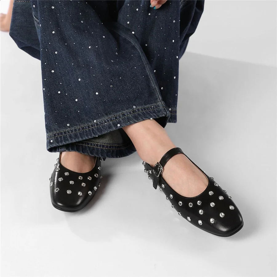 2024 Rivet Womens Ballet Apartment Black Dance Shoes Womens Shoulder Straps Mary Janes Comfortable Outdoor Loafers Flat Espadrillles 240823