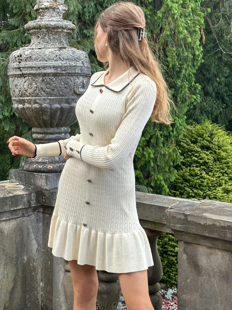 Fantoye Knitted Turn-down Collar Button Women Dress White Long Sleeve High Waist Dress Female Autumn Slim Casual Party Clubwear 240824