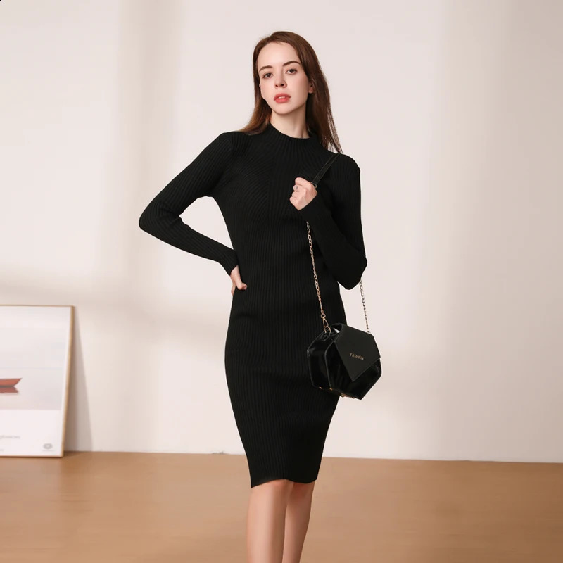 Midi Dress Winter Knitted Sweater Casual Womens Dresses Ladies Clothing Clothes Korean Fashion Robe Elegant Black Tight 240823
