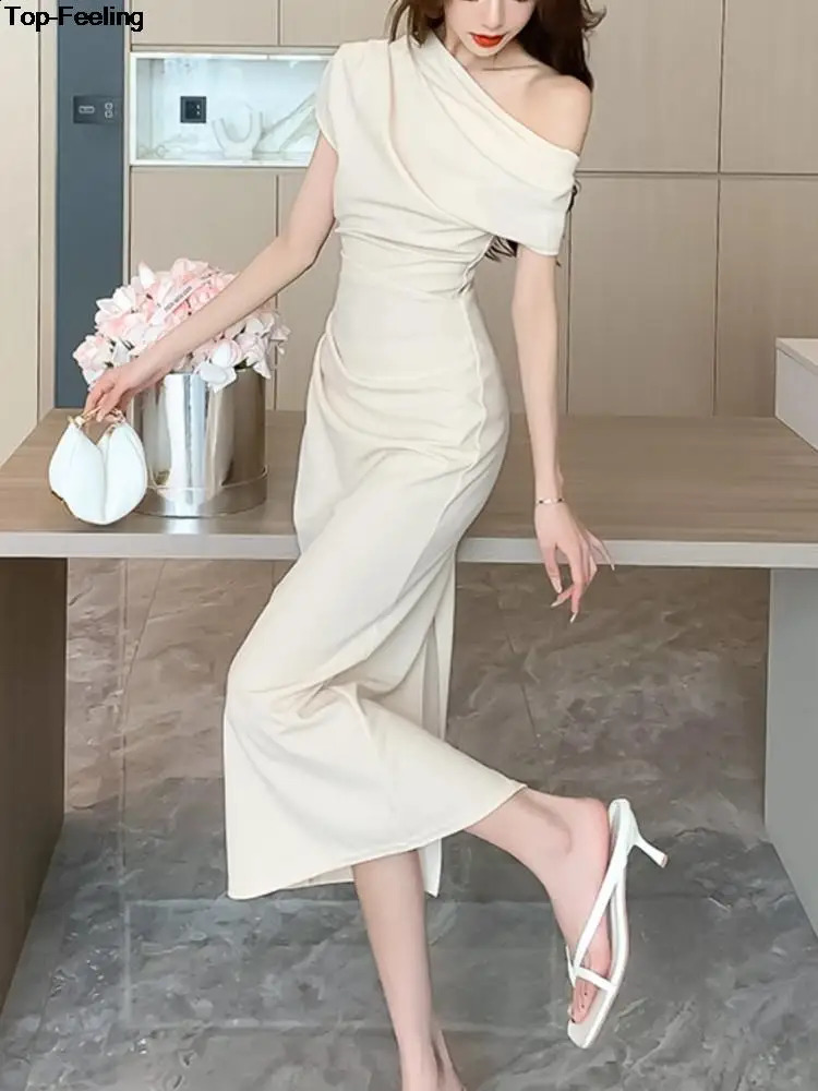 Elegant Off Shoulder Evening Party Dresses Women Summer Fashion Slim One Piece Solid Vestidos Korean Graduation Robe Clothing 240824