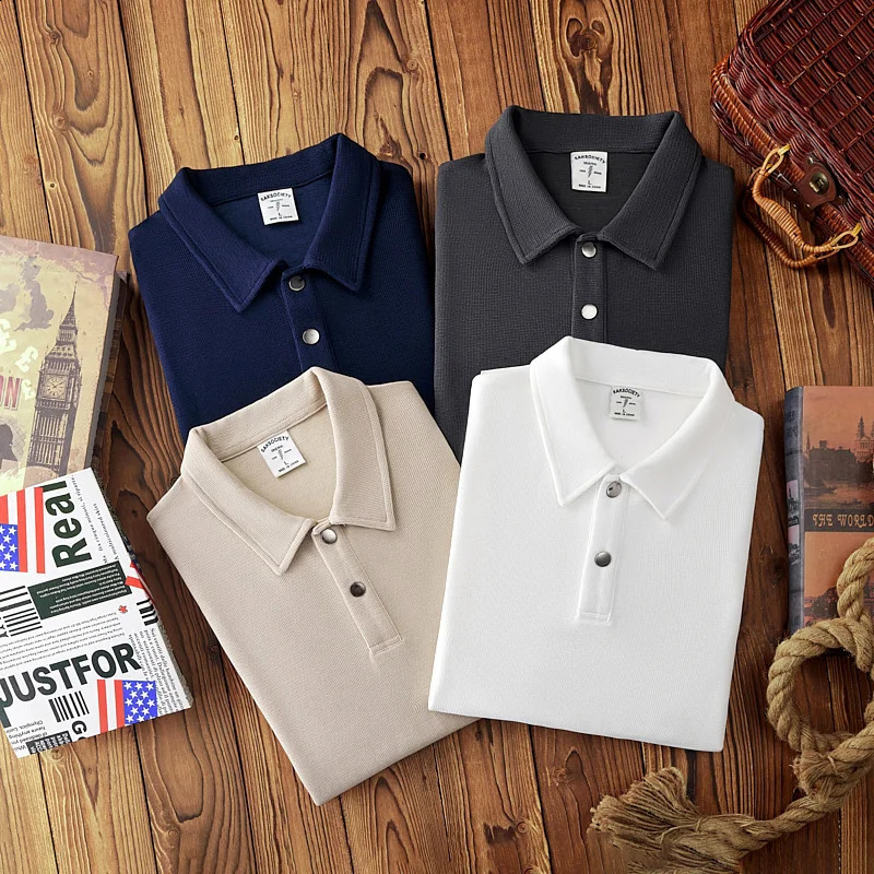 6308 Autumn American Retro Long Sleeve Henry Collar Solid Color Polo Shirt Mens Simple Pure Cotton Washed Loose Casual Tops 240824