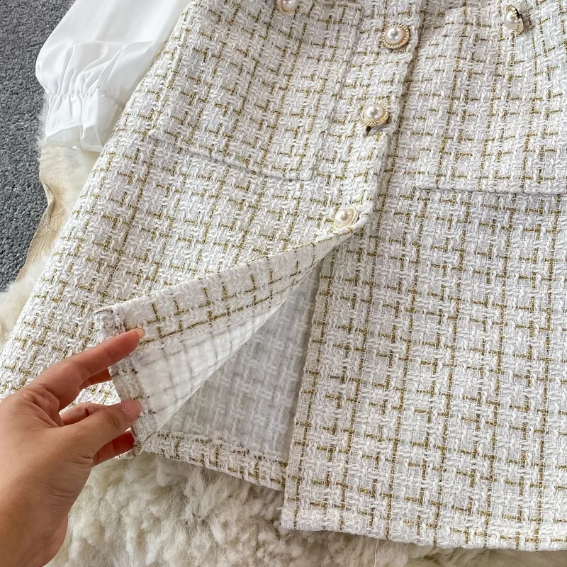 Elegant Chiffon Shirt Tweed Dress Sets Women Long Sleeve Lace Up Bow Shirts Vintage Sling Plaid Dresses Suits Oiffice Lady Y2k 240824