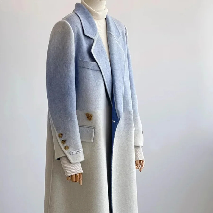 Elegant Blue Gradient White Overcoat Jacket For Women Highend Winter Woolen Goods Doublesided Zippered Clearance Sale 240823