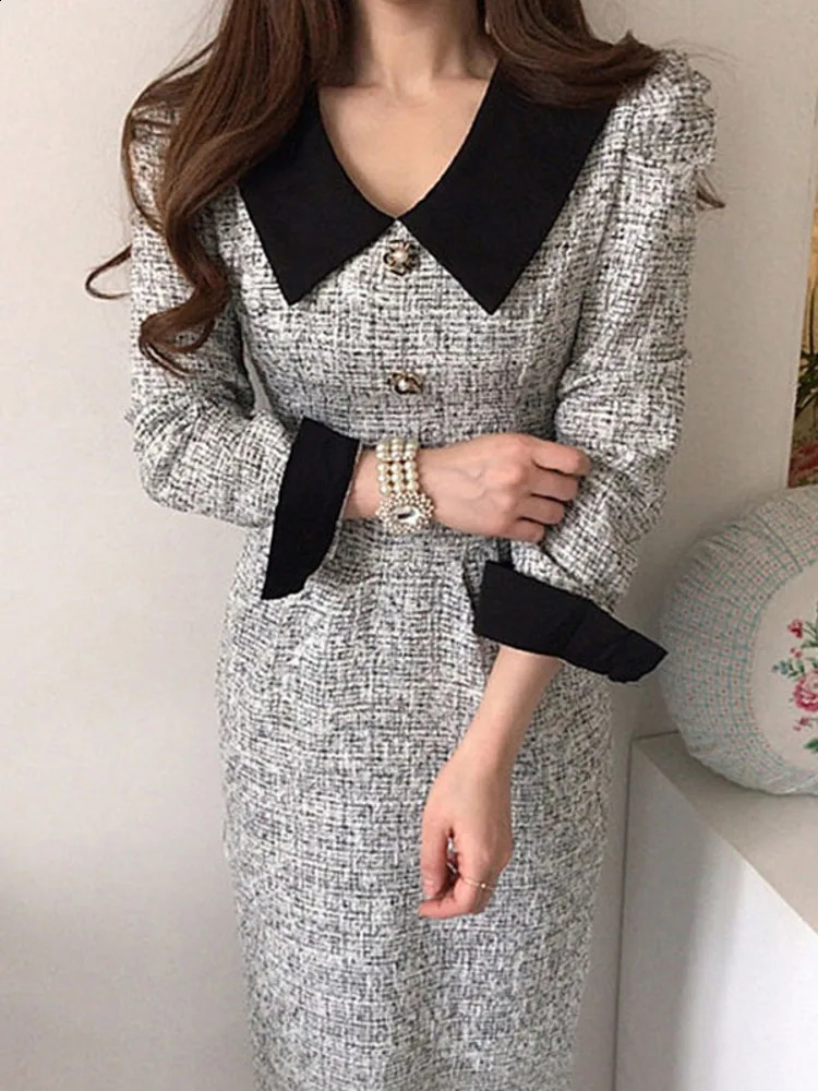 EWQ Fashion Contrast Lapel Lace Up Collect Waist Tweed Dress Autumn spring Thickened Mid-calf Women Dresses 16R871 240824