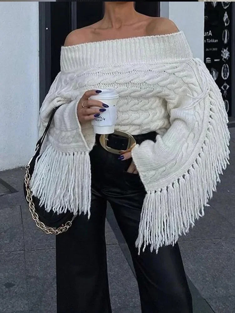 Tassels Solid Women Sweater Off Shoulder Knitted Female Pullover Autumn Elegant Casual Loose Long Sleeves Lady Sweaters 240824