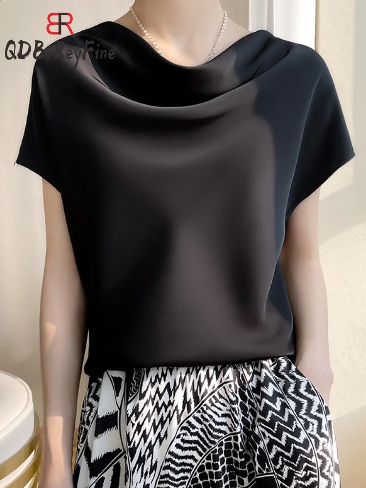 Elegant Womens Tshirt Summer Satin Short Sleeve Swinging Neck Basic White Shirt Office Casual Top 240823