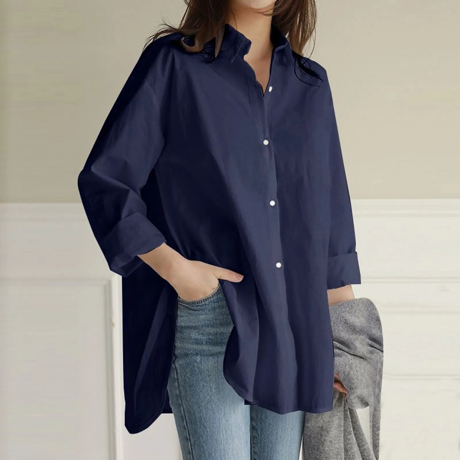 Spring Autumn Women Shirts Solid Casual Blouses Female Tops Loose BF Korean Style Blusas Long Sleeve Turn-Down Collar Shirt 240823