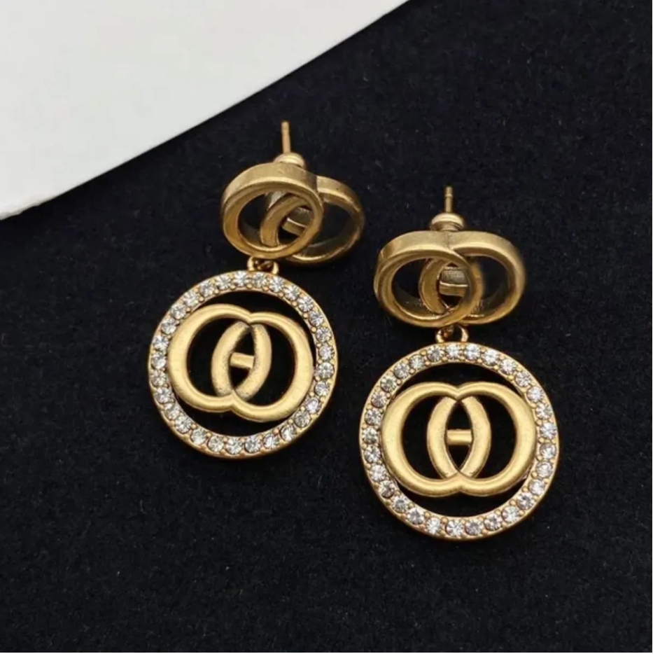 Never fade luxury designer large diamond G dangle stud 18k Gold women letter logo engrave drop earrings girls wedding jewelry