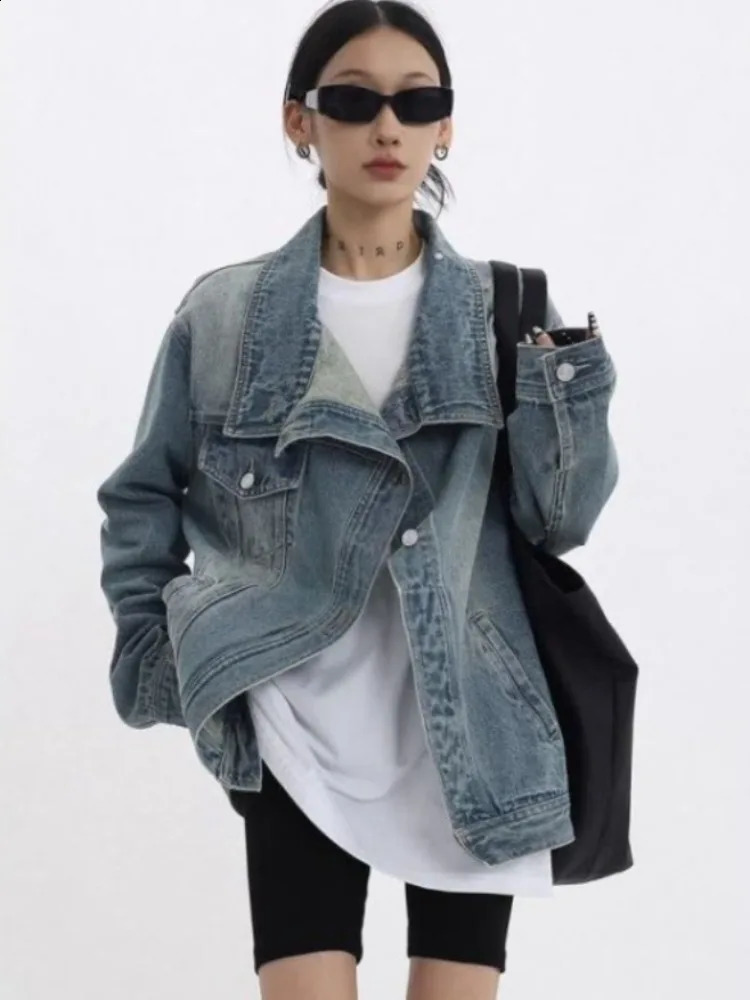 Womens Denim Coat Turtleneck Single Breasted Full Sleeve Patchwork Versatile Jacke Fashion Autumn Streetwear Denim Overcoat 240823