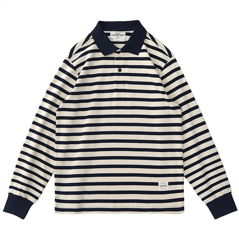 Autumn American Retro 250g Long Sleeve Laepl Sailor Striped Polo Shirt Mens Fashion 100% Cotton Washed Heavyweight T-shirt 240824